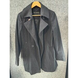 GUESS‎ Women's Black Double Breasted Pea Coat Size L w/ flaw